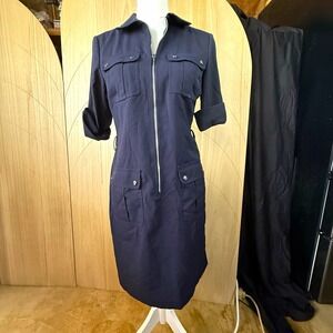 Michael Kors Navy Blue Utility Cargo Shirt Dress Size S Zip Front Stretch